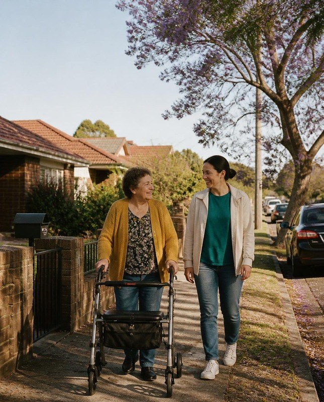 An older woman walking with a wheeled walker along a suburban footpath under a jacaranda tree, chatting with a support worker