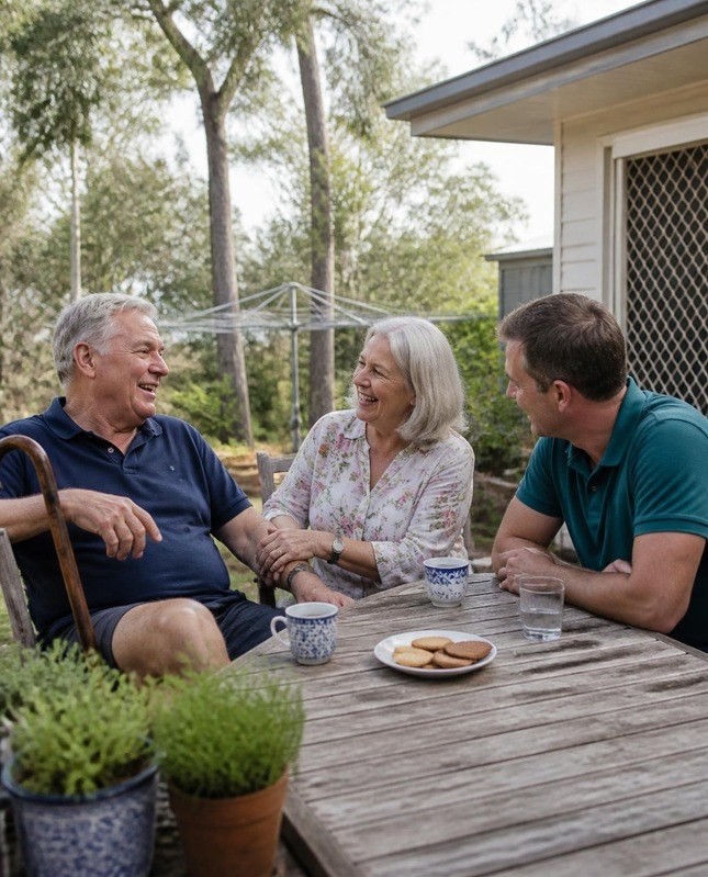 An older man with a walking stick laughing with a woman and a support worker over tea and biscuits at an outdoor table in a backyard